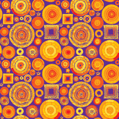 Poster - seamless abstract pattern of geometric shapes, circles and squares imitating embroidery or tapestry. Repeating vector background. Suitable for wallpaper, wrapping paper or fabric design