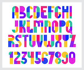 Poster - Children colorful geometric font vector alphabet, kid play game typeset, original letters can be used for logo creation, uppercase and numbers.