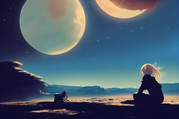 Wall Mural - thinking anime girl sitting on a hill, studying at a sci fi planet