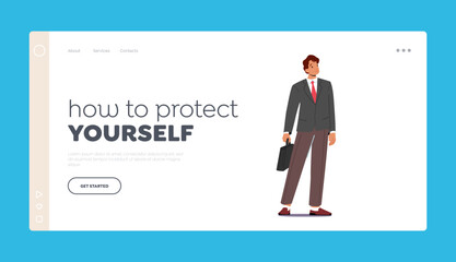 Poster - How to Protect Yourself Landing Page Template. Smiling Confident Businessman, Male Character Wear Suit with Briefcase