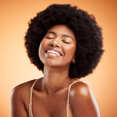 Poster - Black woman face, natural beauty and skincare health wellness on orange studio wall background. A happy african model smile, black female empowerment and healthy cosmetic luxury fashion afro haircare