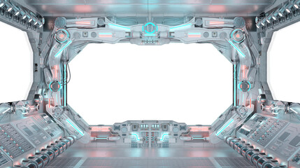 Leinwandbilder - Spaceship interior with isolated transparent window. Futuristic spacecraft with glowing blue and red control panels and empty view. 3D rendering futuristic white metallic interior with transparency