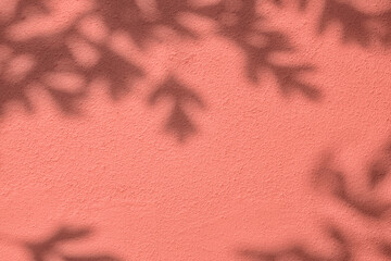 Wall Mural - Abstract tree leaves shadows on pink concrete wall texture with roughness and irregularities. Abstract trendy colored nature concept background. Copy space for text overlay, poster mockup flat lay 