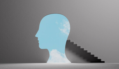Wall Mural - mental health and mindfulness concept. steps leading through a head to a bright sky. 3D Rendering