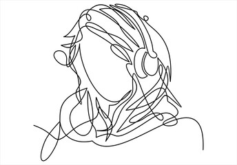 Sticker - continuous single drawn one line. girl woman listens to music with headphones