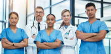 Doctors, Nurses Or Arms Crossed In Hospital For Healthcare, Wellness Vision Or Collaboration Trust. Portrait, Teamwork Or Consulting Medical Workers And Life Insurance Security In Medicine Innovation