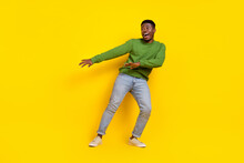 Full Length Body Size View Of Attractive Funky Cheerful Guy Dancing Moving Isolated On Bright Yellow Color Background