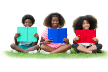 Children Reading Book On Grass On Transparent Background. Group Of African American Children In Casual Wear Reading Book While Sitting On Transparent Background