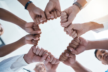 Poster - Corporate diversity, teamwork and fist in circle of group of business employees at office team building motivation event. Staff collaboration, professional community and fist bump to support mission