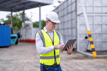 Wall Mural - Engineer working at power station plant standing portrait play tablet PC while waiting manager to visit