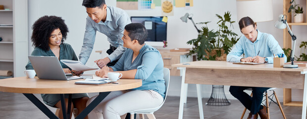 Poster - Business people, laptop and teamwork collaboration in global modern office for digital marketing, kpi data analysis and strategy planning. Smile, happy and creative advertising agents with technology