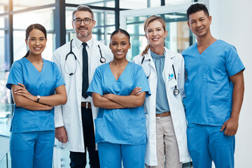 Poster - Happy doctors and nurse smile at a hospital with support, teamwork and collaboration with diversity. Team of expert medical professionals smiling at work together at clinic in the healthcare industry