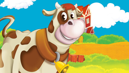 Wall Mural - cartoon farm scene with cow illustration