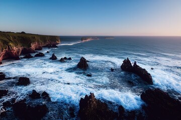 Poster - The ocean waves in the bay crash on sharp rocks forming white foam. 3D illustration