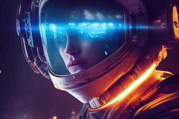 Poster - Through the transparent protective glass of the helmet, you can see the girl's facial features. 3D rendering