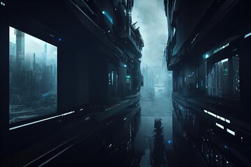 Poster - The picture shows an alleyway in the city in the distant future. 3D illustration