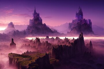 Poster - Among the rocks on top of the mountains stand two castles covered in the night. 3D illustration