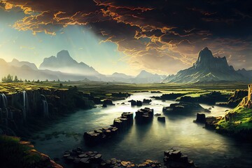 Poster - Mountain rivers flow into the valley to form a lake. 3D rendering
