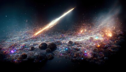 Poster - Among the celestial bodies of the starry cosmos, a trace of a comet can be seen. 3D rendering