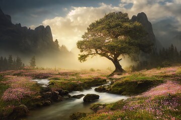 Poster - Near the lone tree, a river flows through the flower meadow to the foot of the mountain range. 3D rendering
