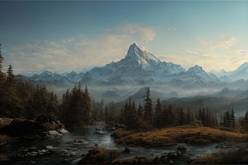 Poster - Mountain river flows right to the foot of the mountain. 3D rendering