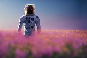 Poster - The silhouette of a man can be seen in the middle of the flower field. 3D rendering