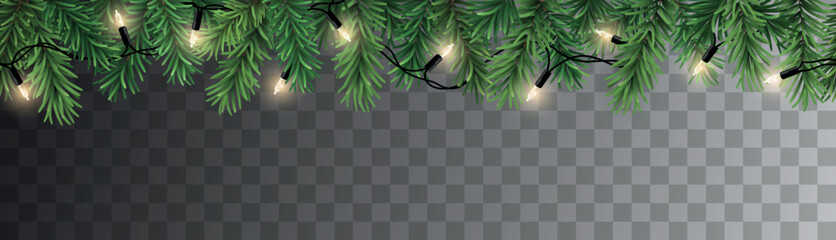 Wall Mural - vector seamless decorative christmas garland with coniferous branches and glowing light chain on tra