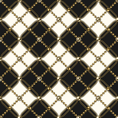 Checkered vintage black and white pattern with gold chains, beads, crossed squares, rhombuses. Classical luxe vector seamless background. Good for surface design