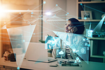 Leinwandbilder - Office, technology and phone call, woman with hologram for cloud computing, ui and internet connection. Graphic communication network, digital transformation and future consulting ux on smartphone.