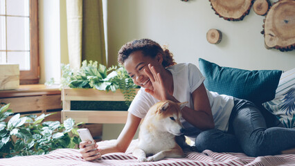 Emotional African American girl is talking on mobile phone making video call smiling and chatting looking at screen with obedient pedigree dog lying on bed at home beside her.