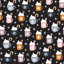 Christmas Seamless Pattern With Cup Hot Cocoa On A Dark Background. Happy New Year Background. Season Greeting. Vector Christmas Illustration.