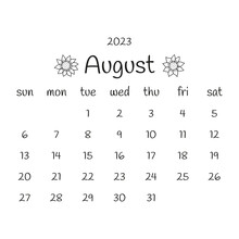 2023 August Calendar With Sunflower Flowers. Black And White Modern Calendar, Monthly Planner. Vector Hand Drawn Doodle Illustration. Modern Simple Design. Summer Month
