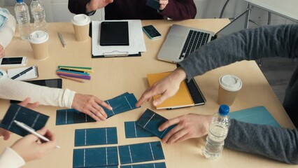Poster - Businessman, presentation and solar panel design in meeting with business people sharing goal, innovation and vision in office. Design, leader and meeting with team collaboration on product prototype