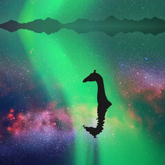 Sticker - Giraffe on lake. Animal silhouette. Loch Ness monster. Polar lights