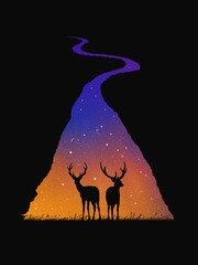 Sticker - Two deers in grass. Animal silhouette. Winding river at starry night