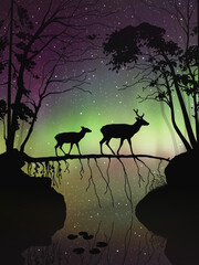 Sticker - Deer family in misty forest. Animals walk on fallen tree. Polar lights