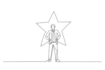 Wall Mural - Drawing of businessman standing with glowing star on his background. Single continuous line art style