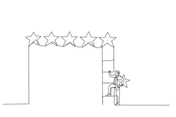 Wall Mural - Drawing of businessman holding 5th star climb up ladder to put on best rating. Concept of customer feedback. Continuous line art style
