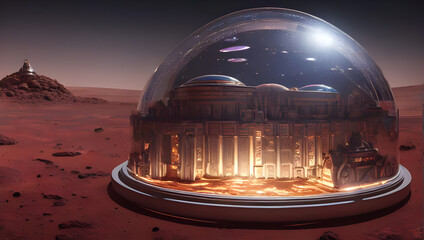 metropolis on mars under a shining glass dome - alien planet - science fiction - sci-fi - future - space - red desert - dune - concept art - digital painting - illustration