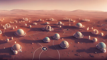 Wall Mural - mars base - planet mars colony with geodesic buildings / domes and small dust in the red desert - co