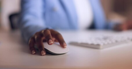 Search, mouse and hands of business woman at computer for communication, networking and news app. Technology, innovation and contact with black woman scrolling for website, internet and social media