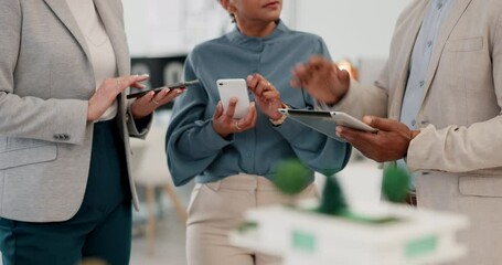 Poster - Business people hands planning on smartphone, tablet and technology online for productivity, collaboration and online project management. Closeup corporate teamwork, digital connection and mobile app