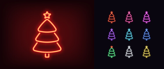 Wall Mural - Outline neon Christmas tree icon. Glowing neon Christmas tree with star and plump rounded shape, xmas pictogram