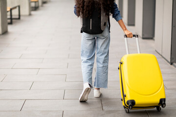 Wall Mural - back view of woman having journey, carrying suitcase at airport