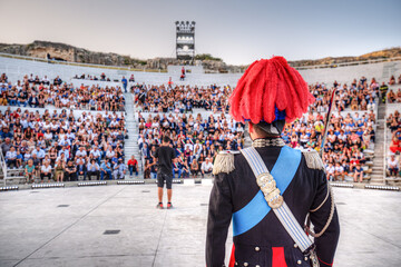 Syracuse Sicily Italy: Officer of the Carabinieri with the historical uniform lined up on the occasion of the historical celebration held in the Greek theater of Syracuse