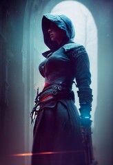 Wall Mural - A fictional person, not based on a real person. Fantasy portrait of a militant female assassin in an ancient assassin costume. The concept of ancient warriors. 3D rendering