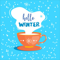 greeting card for christmas hello winter with a mug cup of hot cocoa