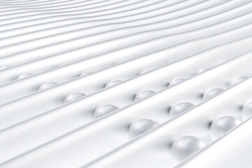 Poster - White background. Minimalist backdrop. Wavy lines with bubbles. Wavy white decorations. Art white backdrop. Background with three-dimensional elements. Backdrop for advertising banner. 3d rendering.
