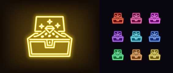 Poster - Outline neon treasure chest icon. Glowing neon opened chest with gold coins and diamond, treasure box pictogram