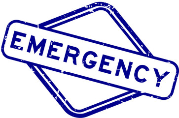 Sticker - Grunge blue emergency word rubber square seal stamp on white background